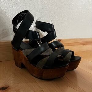 Rag & Bone Addington Black Grey Leather Suede Wooden Platform Sandals 39 / 9